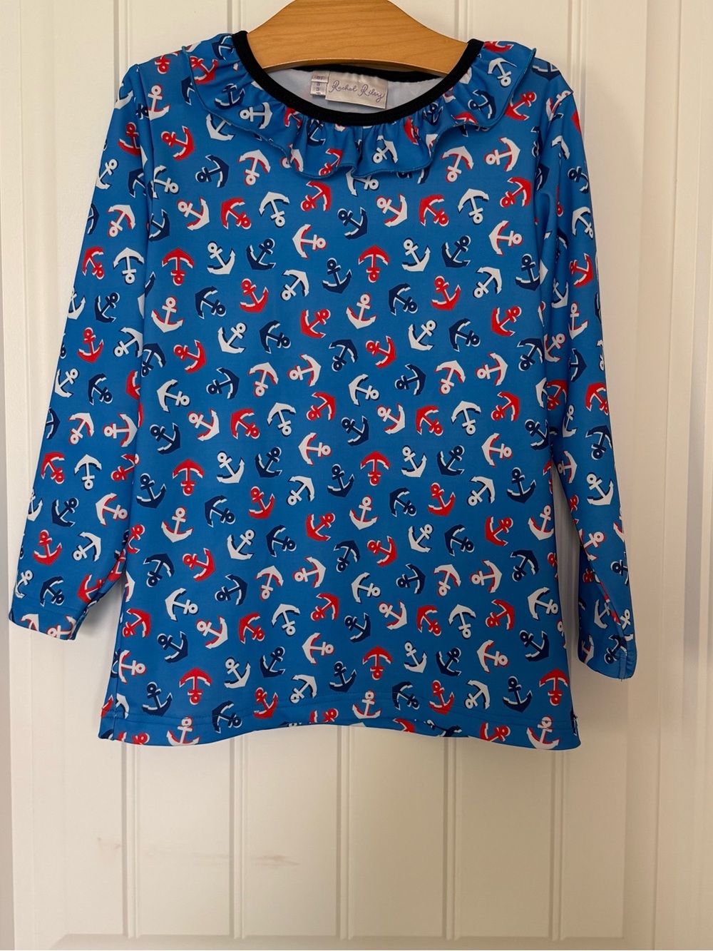 Rachel Riley Anchor Print Rash Guard Swim Top Size 8Y Nautical Blue Long Sleeve
